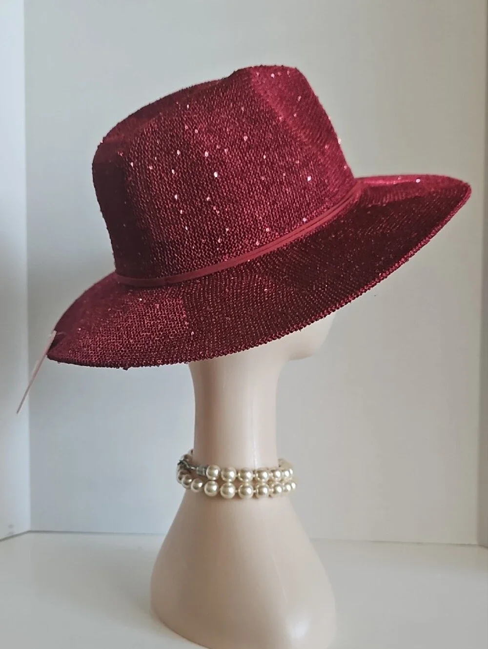 Beloved Millinery Women's Wide Brim Panama Style Sparkle Wine Straw Fedora Hat
